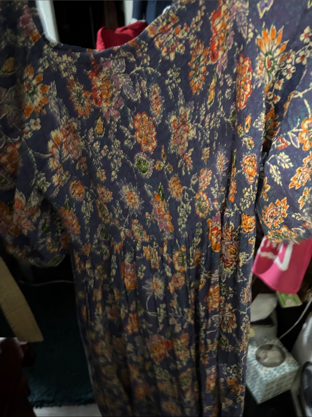 Angie Blue Floral Midi Dress with Orange & Green Accents- P2P:17, Length:42 - Picture 8 of 11